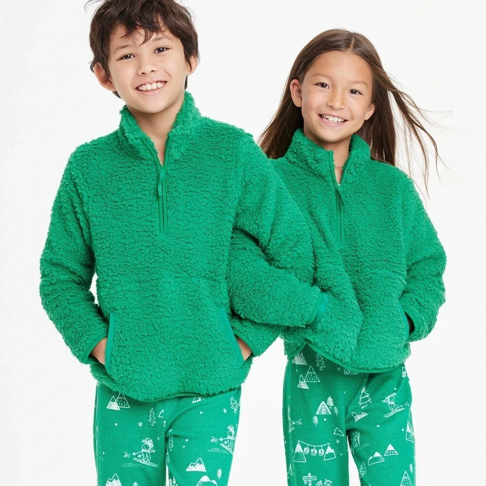 Kids Faux Shearling Half Zip Up Pajama Pullover - Wondershop Green Size Medium 8